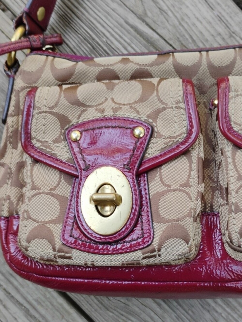 Coach Canvas Shoulder Bag with Dark Wine Red Patent Leather Trim - Picture 3 of 15
